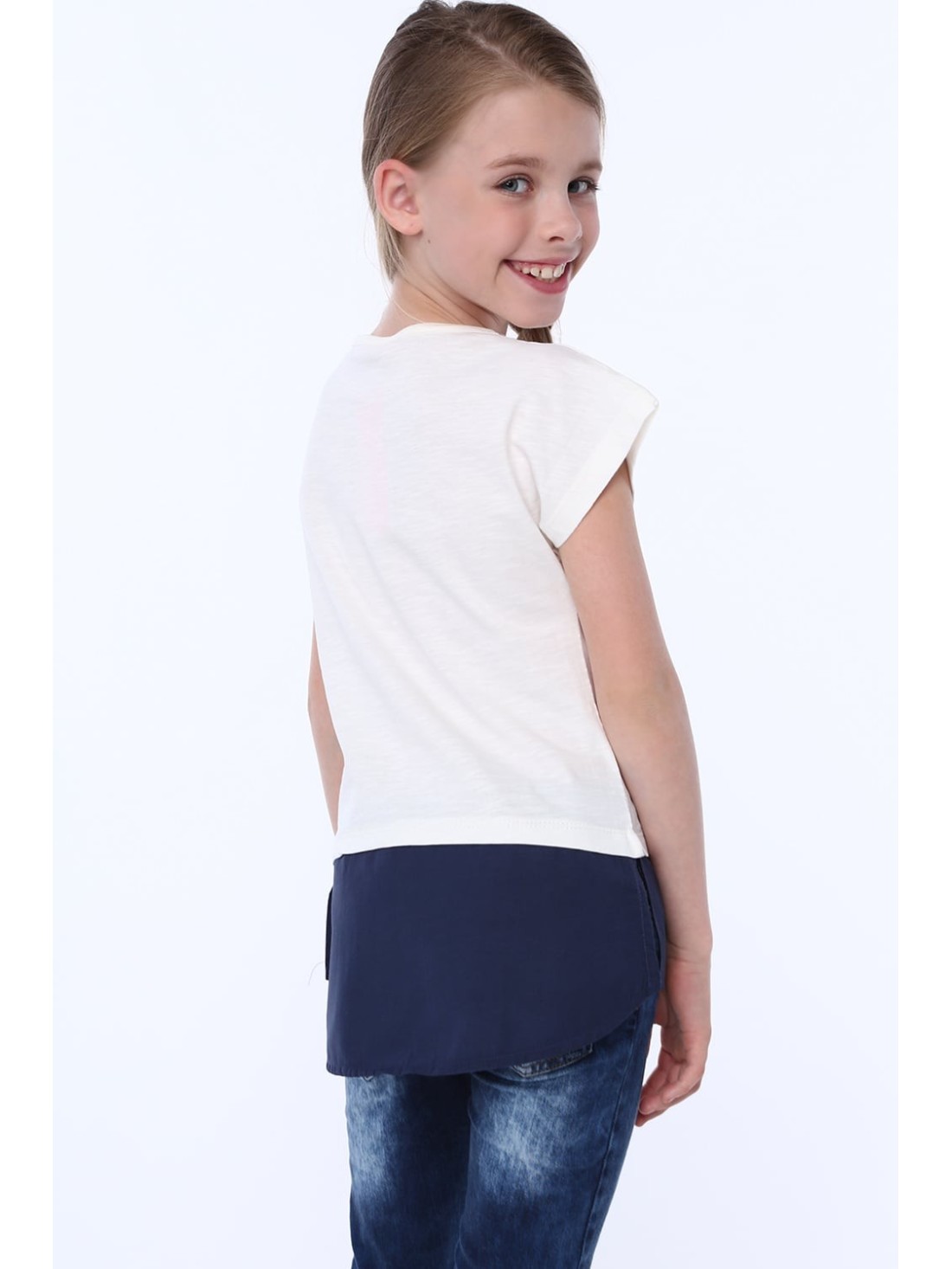 Tricou fete din materiale combinate, crem, NDZ8212 - Magazin online - Boutique